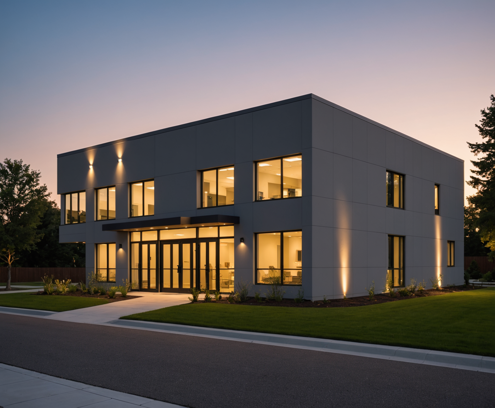 Modern dental practice building exterior at dusk with warm interior lighting