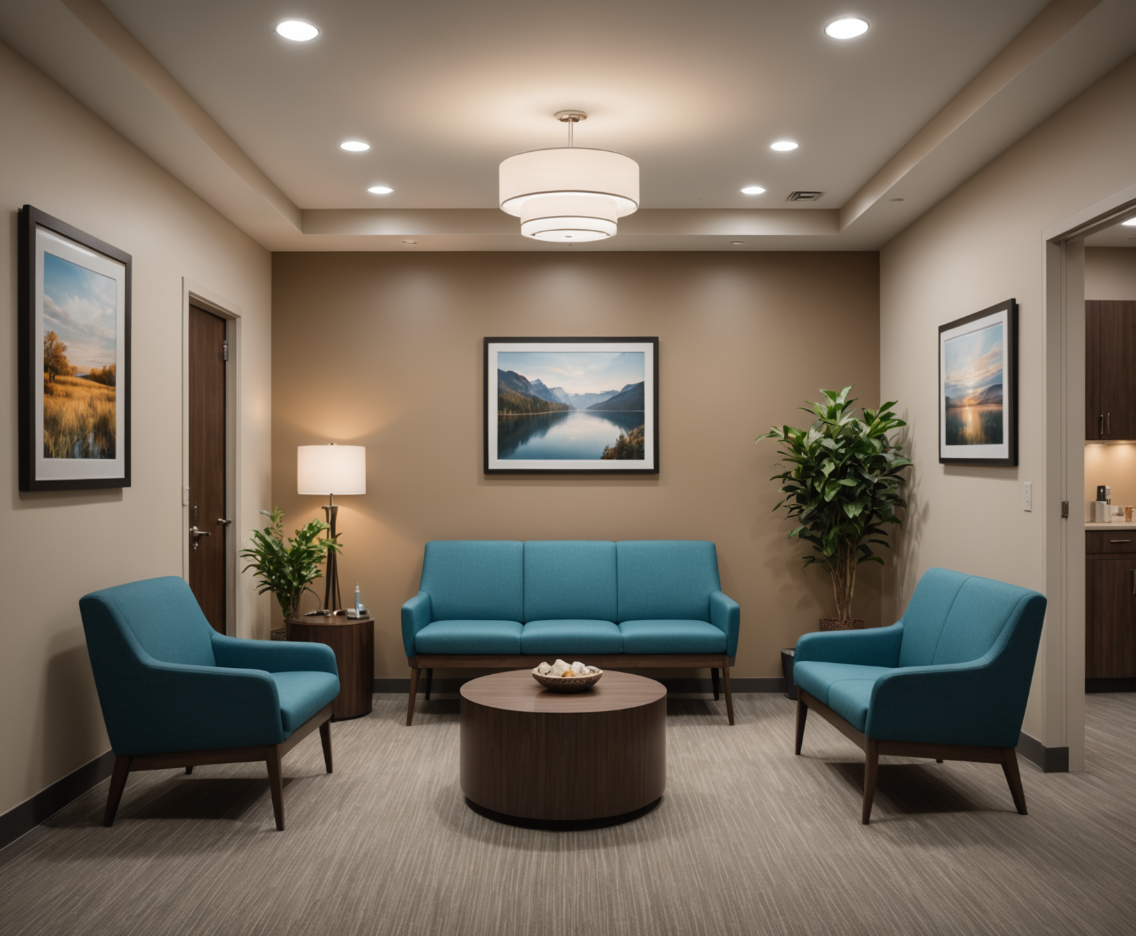 Calming dental office waiting area with comfortable seating and warm lighting