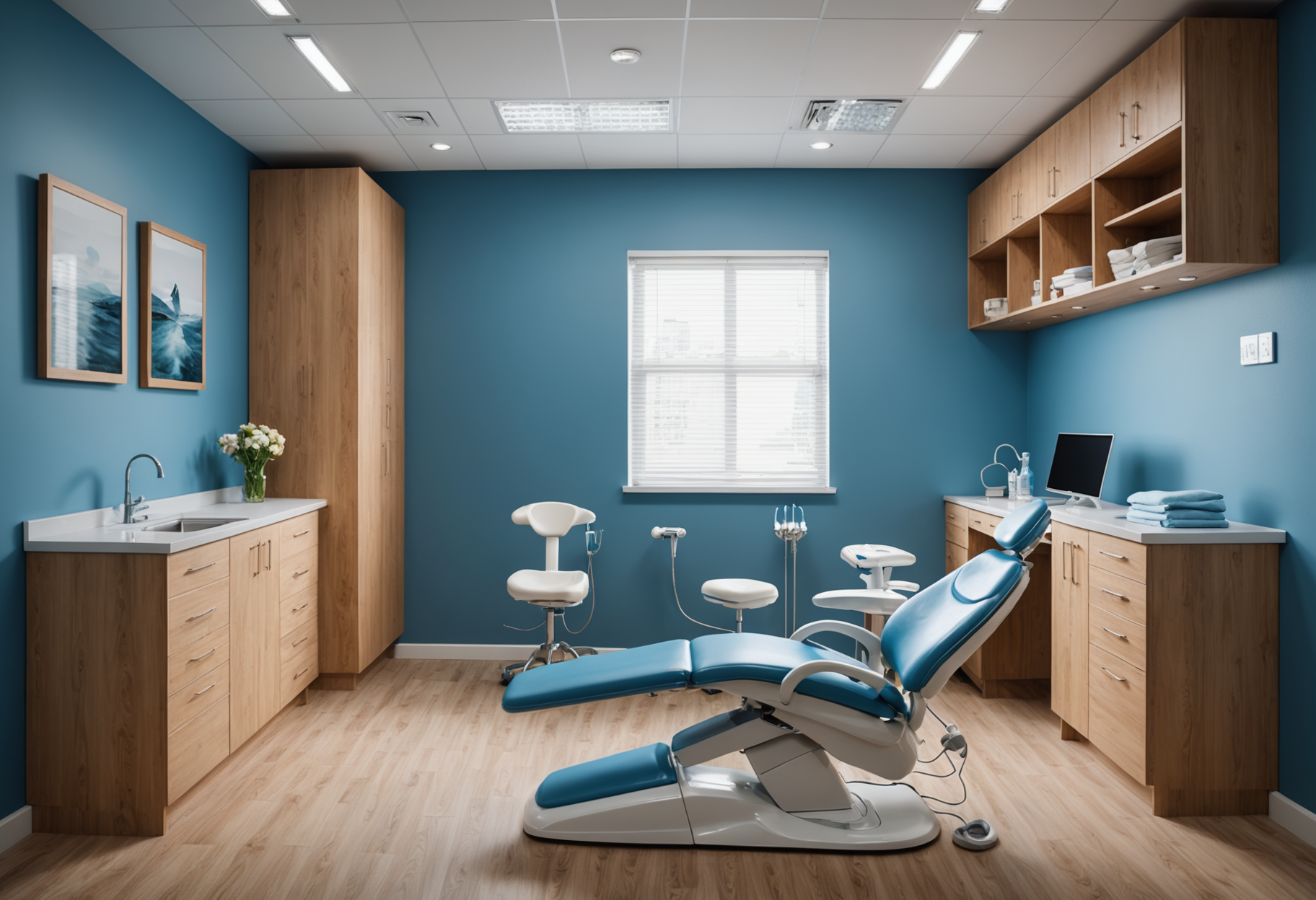 Warm dental consultation room with natural wood and calming blue tones