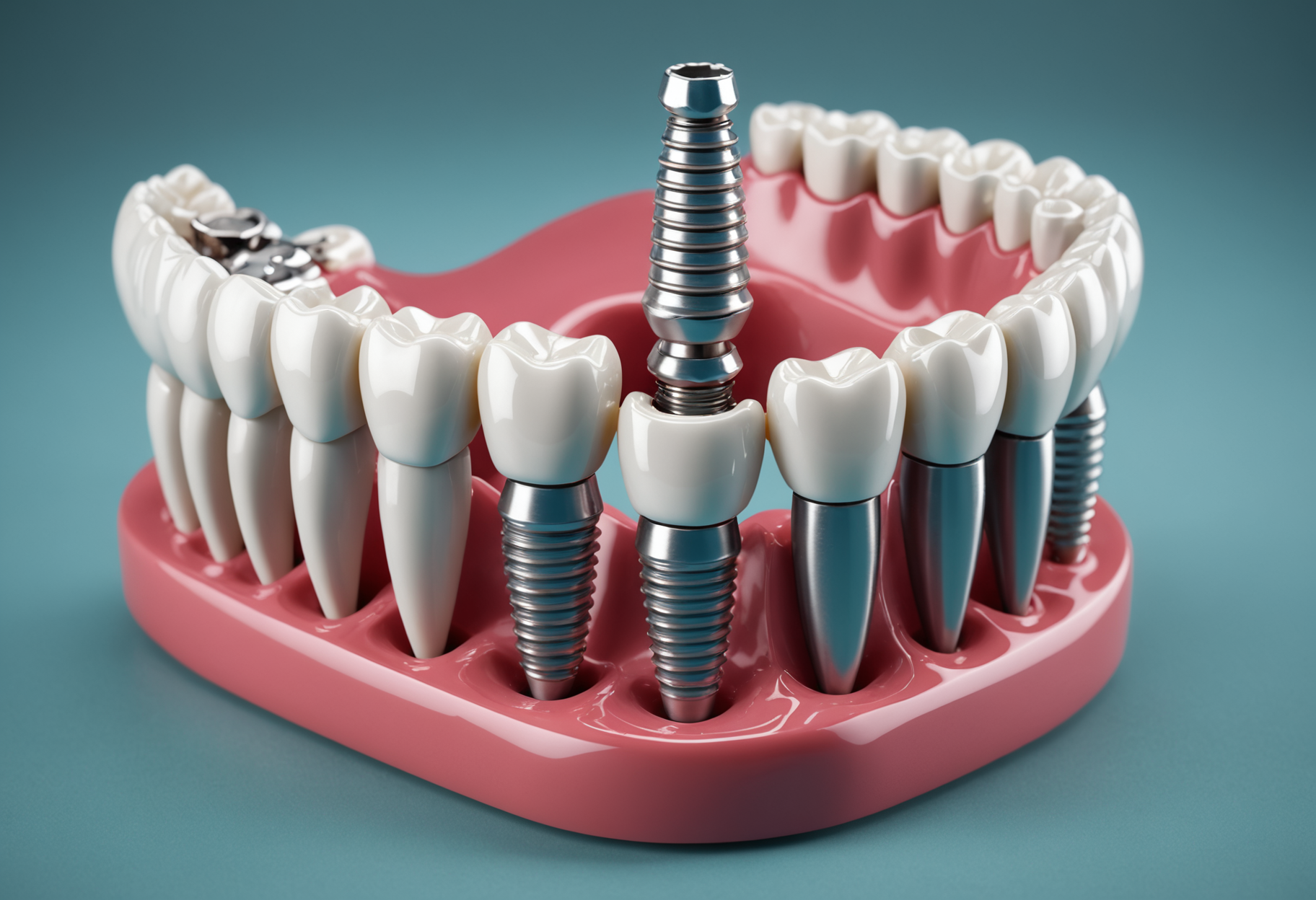 Dental implant model showing titanium post and crown