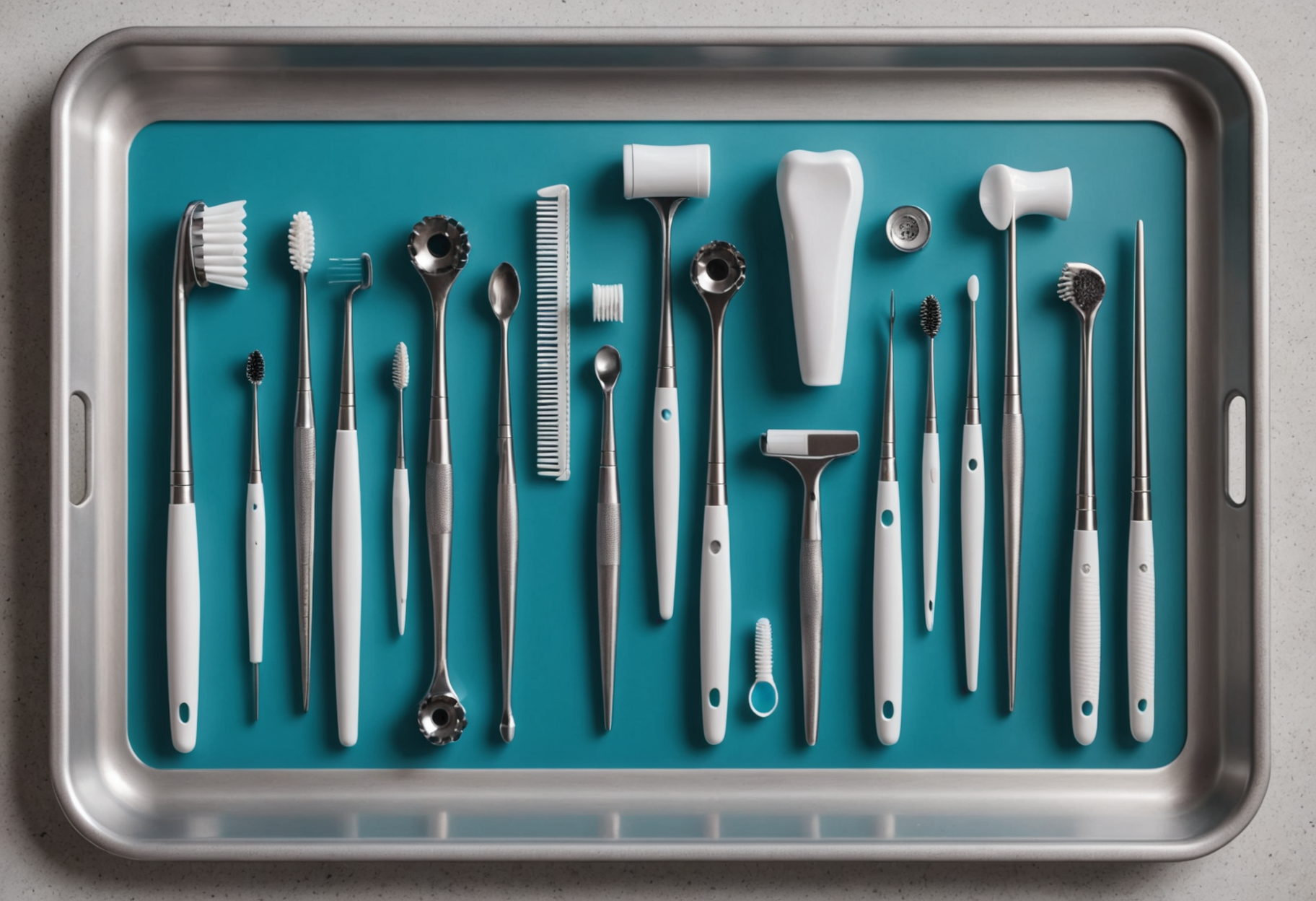 Preventive dental care tools arranged on a clean tray
